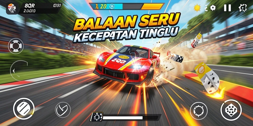 Gameplay 8QR menampilkan balapan yang mendebarkan dengan kendaraan cepat.