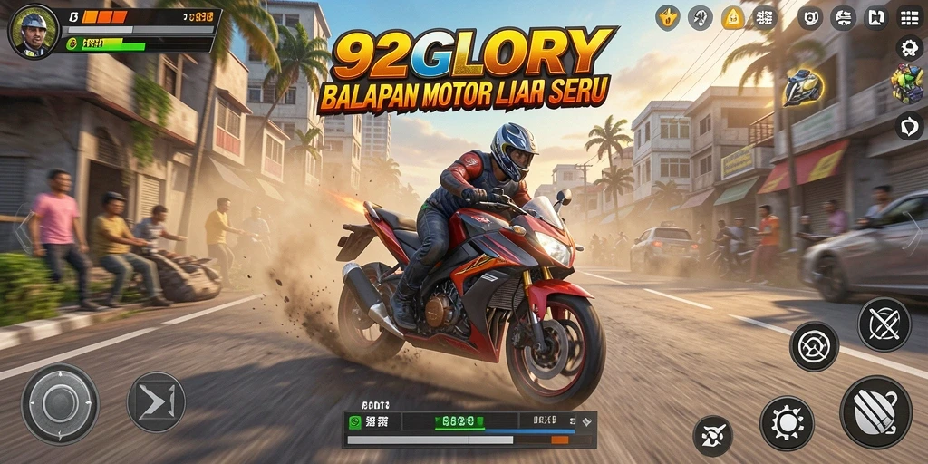 Screenshot menunjukkan gameplay seru balapan motor di 92GLORY.