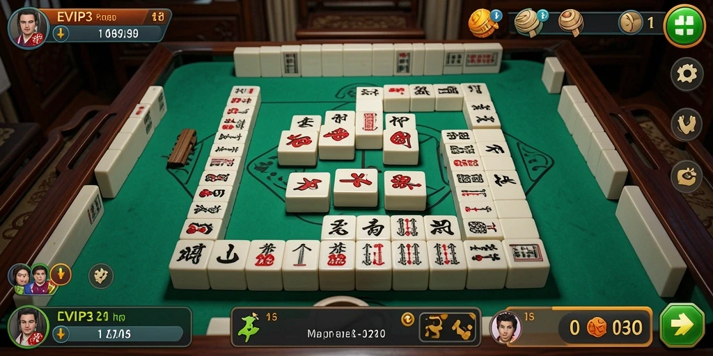 Tampilan gameplay EVIP3 dengan ubin Mahjong yang berwarna-warni.