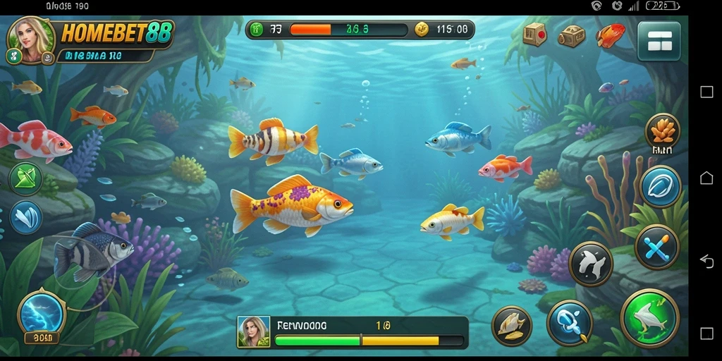Tampilan gameplay HOMEBET88 yang seru dan menggembirakan dalam suasana memancing.