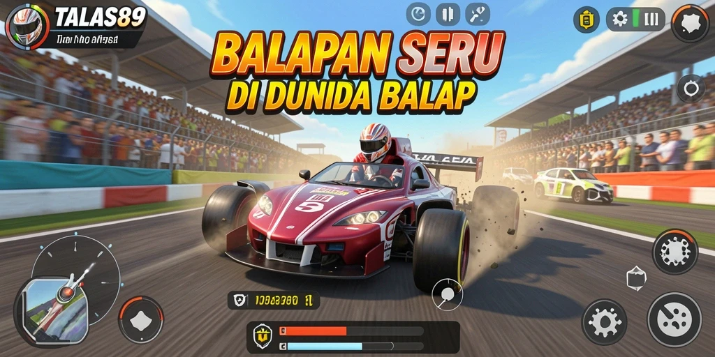 Tampilan gameplay TALAS89 dengan mobil balap yang cepat dan lintasan menantang.