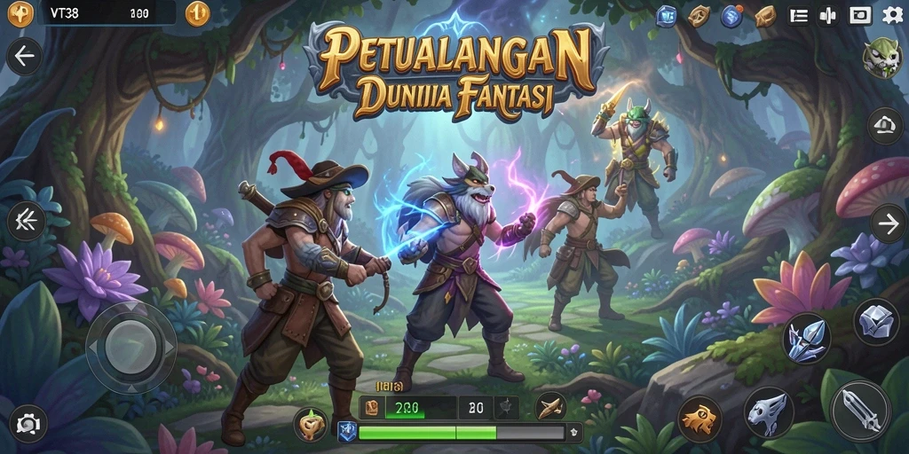 Screenshot gameplay VT38 menampilkan karakter menjelajahi dunia fantasi.